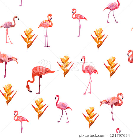 Seamless pattern with cute flamingo with tropical monstera and palm leaves, swimwear fabric 121797634