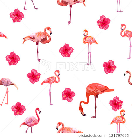 Seamless pattern with cute flamingo with tropical monstera and palm leaves, swimwear fabric 121797635