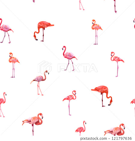 Seamless pattern with cute flamingo with tropical monstera and palm leaves, swimwear fabric Seamless pattern with cute flamingo with tropical monstera and palm leaves, swimwear fabric 121797636