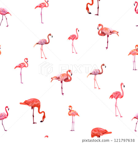 Seamless pattern with cute flamingo with tropical monstera and palm leaves, swimwear fabric 121797638