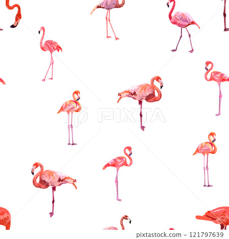 Seamless pattern with cute flamingo with tropical monstera and palm leaves, swimwear fabric 121797639