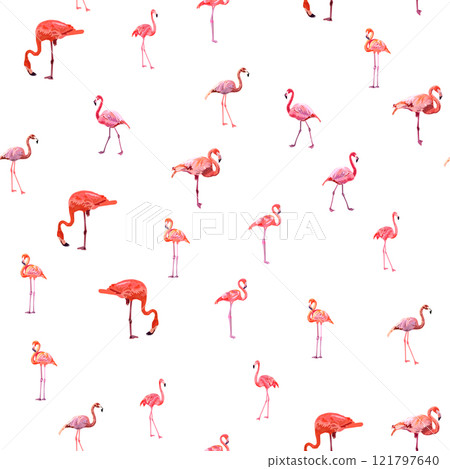 Seamless pattern with cute flamingo with tropical monstera and palm leaves, swimwear fabric Seamless pattern with cute flamingo with tropical monstera and palm leaves, swimwear fabric 121797640