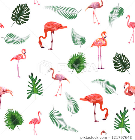 Seamless pattern with cute flamingo with tropical monstera and palm leaves 121797648