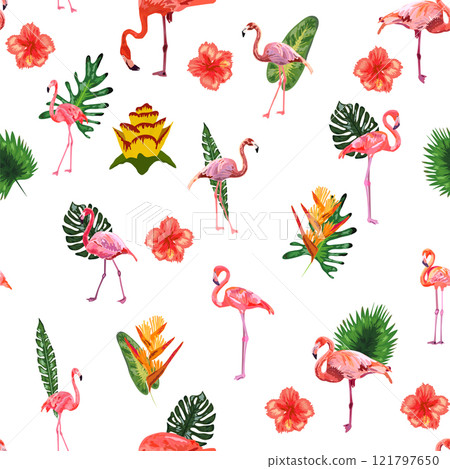 Seamless pattern with cute flamingo with tropical monstera and palm leaves 121797650
