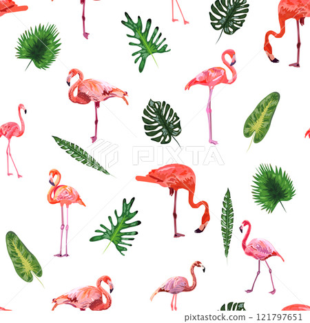 Seamless pattern with cute flamingo with tropical monstera and palm leaves 121797651
