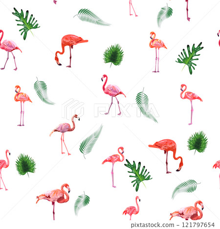 Seamless pattern with cute flamingo with tropical monstera and palm leaves 121797654