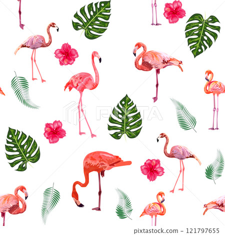 Seamless pattern with cute flamingo with tropical monstera and palm leaves 121797655