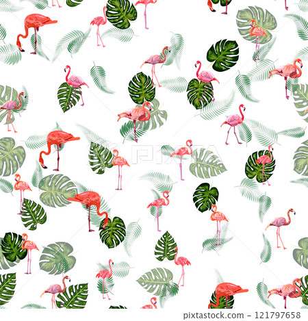 Seamless pattern with cute flamingo with tropical monstera and palm leaves 121797658