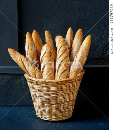 freshly baked baguettes 121797929