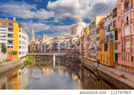 Girona Cathedral and Riverside View Along Onyar River, Girona, Spain Girona Cathedral and Riverside View Along Onyar River, Girona, Spain 121797963