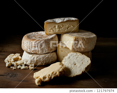 Artisan cheese on rustic wooden table 121797974