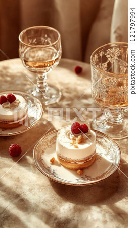 cakes and glasses on beige marble table cakes and glasses on beige marble table 121797994