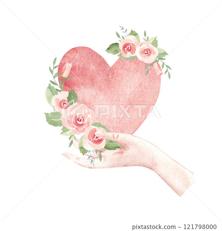 Woman Hand with Heart and pink Roses. Valentine's day Composition. Symbol of Love and Romance. Watercolor hand drawn illustration isolated on a white background. For cards, posters, stickers and Woman Hand with Heart and pink Roses. Valentine's day Composition. Symbol of Love and Romance. Watercolor hand drawn illustration isolated on a white background. For cards, posters, stickers and 121798000