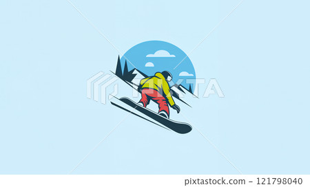 An emblem logo of a snowboarder riding down a showy mountain. Winter sport. Minimalistic style illustration. The snowboarder is wearing a bright yellow jacket and red pants. 121798040