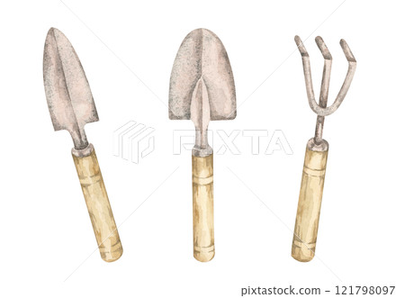Gardening tools watercolor clipart. Spade, trowel, and fork or weeder illustration. Great for DIY gardening-themed projects, planner designs, instructional prints, or farming-related craft merchandise Gardening tools watercolor clipart. Spade, trowel, and fork or weeder illustration. Great for DIY gardening-themed projects, planner designs, instructional prints, or farming-related craft merchandise 121798097