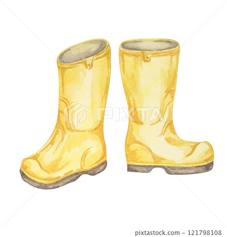Yellow rubber boots. Gardening shoes, farmer footwear for spring or autumn. Watercolor clipart, perfect for garden designs, spring-themed merchandise, farm posters, fabric patterns, or gardening blogs 121798108