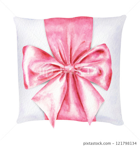 Watercolor illustration of a pink satin bow elegantly tied on a ring pillow. Perfect for wedding designs, romantic events, gift wrapping or feminine branding. Hand painted clip art with fine details 121798134
