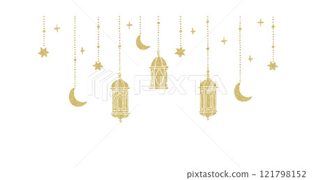 Ramadan Kareem strings, garlands with lights. Hanging hand drawn golden glittering Moroccan lanterns. Moon and stars. Islamic party decoration web banner. Isolated vector object. Eid Mubarak frame. Ramadan Kareem strings, garlands with lights. Hanging hand drawn golden glittering Moroccan lanterns. Moon and stars. Islamic party decoration web banner. Isolated vector object. Eid Mubarak frame. 121798152