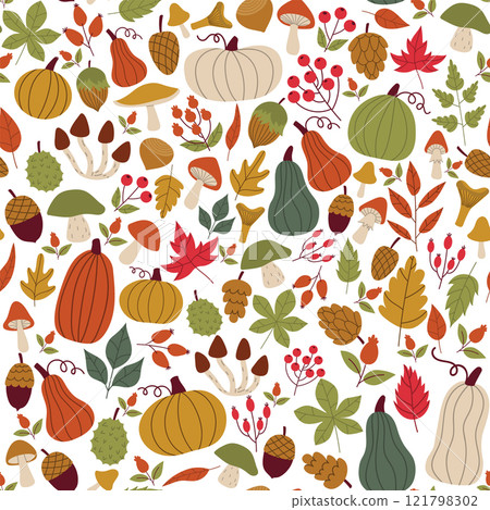 Cute messy autumn seamless pattern with branches and leaves, pumpkins and berries in simple flat style. Cozy fall background, textile, fabric. 121798302