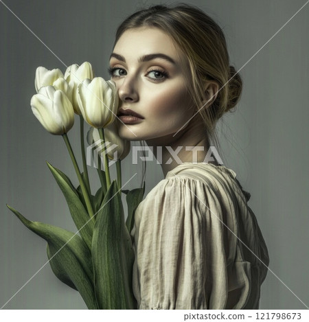 Portrait of a woman in calm colors. Woman holding white tulips in her hands Portrait of a woman in calm colors. Woman holding white tulips in her hands 121798673