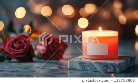 A white candle with a blank label sits on a marble coaster, illuminated by soft lights, accompanied by vibrant red roses 121798908