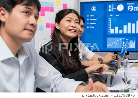 Analyst team utilizing BI Fintech to analyze financial data at table. Prudent Analyst team utilizing BI Fintech to analyze financial data at table. Prudent 121798970