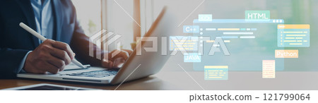 Software developer work with coding overlays of programming languages EIDE Software developer work with coding overlays of programming languages EIDE 121799064