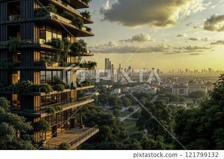 Modern sustainable building with vertical gardens overlooking city skyline 121799132