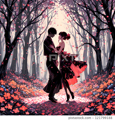 Silhouette of a couple dancing in a dark forest. Fantastic AI art in the style of shadow puppets Silhouette of a couple dancing in a dark forest. Fantastic AI art in the style of shadow puppets 121799188