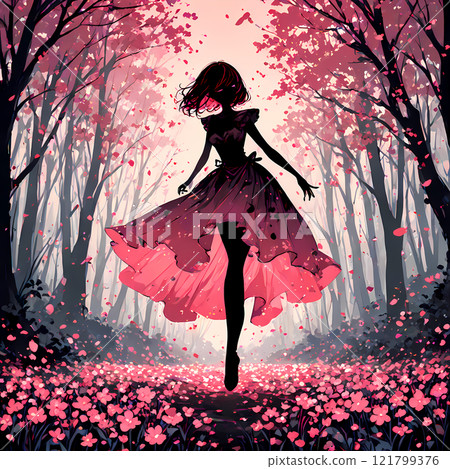 Silhouette of a girl in a dress dancing in a dark forest. Fantastic shadow puppet-style AI art 121799376