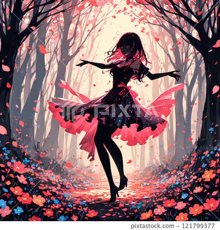 Silhouette of a girl in a dress dancing in a dark forest. Fantastic shadow puppet-style AI art 121799377