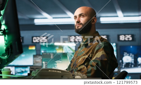 Special forces professional in military HQ base gathering information on enemy troops. Officer using monitoring equipment in base of operations to do assessment of enemy vulnerabilities, camera A 121799573