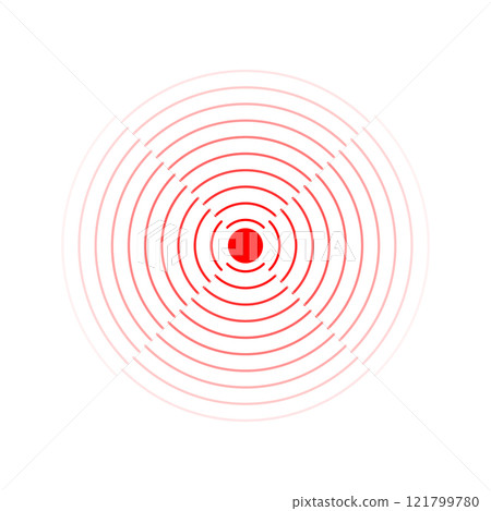 Pain localization icon. Ache, sore or inflammation symbol. Pulse, shockwave, radiation or vibration sign. Coverage or damage, radio signal or sonar wave pictogram. Vector flat illustration 121799780