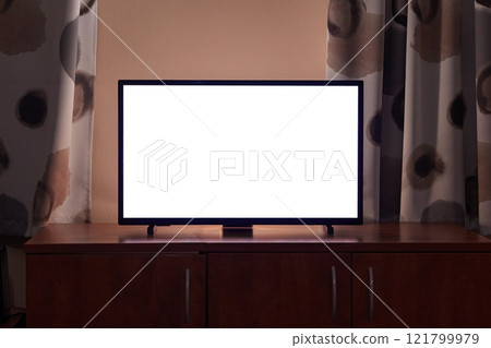 TV in a dim living room, blank screen TV in a dim living room, blank screen 121799979