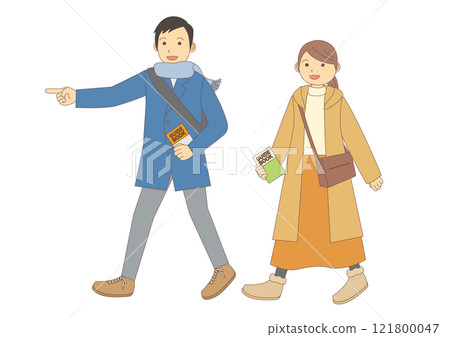 Set of illustrations of men and women sightseeing in winter_with main lines Set of illustrations of men and women sightseeing in winter_with main lines 121800047