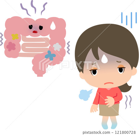 Unhealthy intestine character and unwell woman 121800728