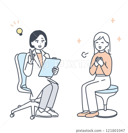 Illustration material of a young woman who consults a doctor and feels relieved 121801047