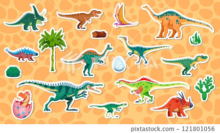 Prehistoric dinosaur stickers of Jurassic lizards and dino characters, cartoon vector. Kids funny cute dinosaur stickers of T Rex tyrannosaurus, raphus bird in egg with lambeosaurus and styracosaurus Prehistoric dinosaur stickers of Jurassic lizards and dino characters, cartoon vector. Kids funny cute dinosaur stickers of T Rex tyrannosaurus, raphus bird in egg with lambeosaurus and styracosaurus 121801056