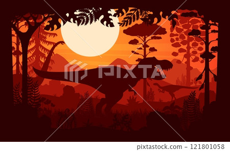 Prehistoric dinosaurs silhouettes in tropical jungle at sunset vector background. Jurassic tyrannosaurus rex, hypsilophodon and omeisaurus dinosaurs in frame of prehistoric tree and plant silhouettes 121801058