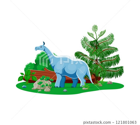 Indricotherium prehistoric dinosaur in natural landscape surrounded by lush green plants and trees. Cartoon vector four-legged Paraceratherium dino character lived in late Eocene to early Oligocene Indricotherium prehistoric dinosaur in natural landscape surrounded by lush green plants and trees. Cartoon vector four-legged Paraceratherium dino character lived in late Eocene to early Oligocene 121801063