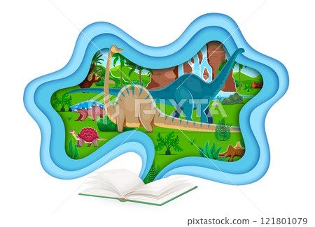 Open school textbook with paper cut prehistoric dinosaurs landscape, vector education. Cartoon funny dino animals with open book in 3d frame of paper cut layered borders. Cute dinosaurs near waterfall 121801079