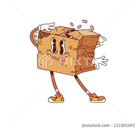 Cartoon groovy delivery cardboard box character. Vector funny disoriented package with a torn top and a dazed expression, spilling contents out conveys humor and chaos for themes of shipping mishaps 121801083
