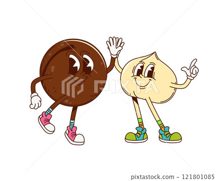 Groovy macadamia nut characters, cartoon retro personages with quirky expressions and vintage hippie shoes, giving high five, captures a funky and playful vibe, friendship, celebration, and happiness Groovy macadamia nut characters, cartoon retro personages with quirky expressions and vintage hippie shoes, giving high five, captures a funky and playful vibe, friendship, celebration, and happiness 121801085