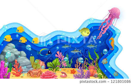 Paper cut sea underwater landscape with jellyfish, fish shoal and seaweeds, vector background. Paper cut undersea with funny coral reef fishes, crab and starfish with seahorse and tropical fishes Paper cut sea underwater landscape with jellyfish, fish shoal and seaweeds, vector background. Paper cut undersea with funny coral reef fishes, crab and starfish with seahorse and tropical fishes 121801086