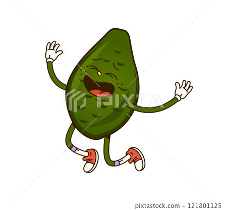 Cartoon retro groovy avocado fruit character or happy fruit, vector funny emoji. Groovy avocado laughing out and jumping or dancing, fruit food silly character and retro cartoon funky personage Cartoon retro groovy avocado fruit character or happy fruit, vector funny emoji. Groovy avocado laughing out and jumping or dancing, fruit food silly character and retro cartoon funky personage 121801125