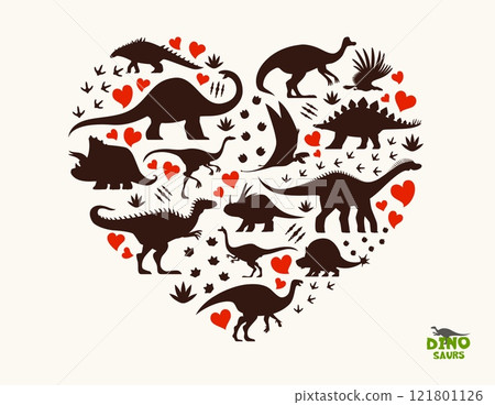 Prehistoric dinosaur silhouettes in heart shape, vector dino animals and reptiles. Jurassic triceratops, argentavis, styracosaurus and polacanthus dinosaurs, footprints and claw marks silhouettes Prehistoric dinosaur silhouettes in heart shape, vector dino animals and reptiles. Jurassic triceratops, argentavis, styracosaurus and polacanthus dinosaurs, footprints and claw marks silhouettes 121801126