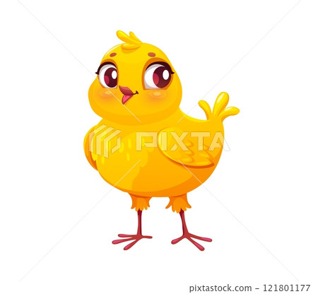 Cartoon newborn yellow chick cheerful character. Spring newborn small hen bird happy mascot, Easter holiday little chicken animal or farm chick cartoon vector personage, spring bird cheerful character 121801177