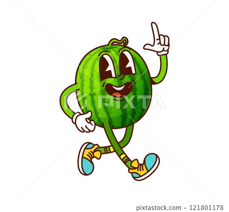 Groovy cartoon walking watermelon cheerful character. Summer dessert cute groovy isolated vector character, delicious fruit funny mascot. Fresh and juicy watermelon happy personage pointing finger up 121801178