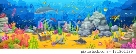 Cartoon underwater landscape with treasure chest, sea animals and seaweeds. Game level vector background of underwater tropical ocean or aquarium landscape with fish, dolphin, jellyfish, corals, crab 121801189