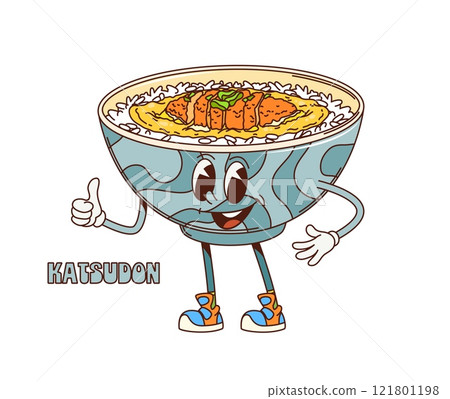 Cartoon retro groovy Katsudon donburi character. Isolated vector playful bowl of Katsudon, a Japanese rice dish funky personage with a smiling face, full of crispy cutlets over rice, gives a thumbs up Cartoon retro groovy Katsudon donburi character. Isolated vector playful bowl of Katsudon, a Japanese rice dish funky personage with a smiling face, full of crispy cutlets over rice, gives a thumbs up 121801198